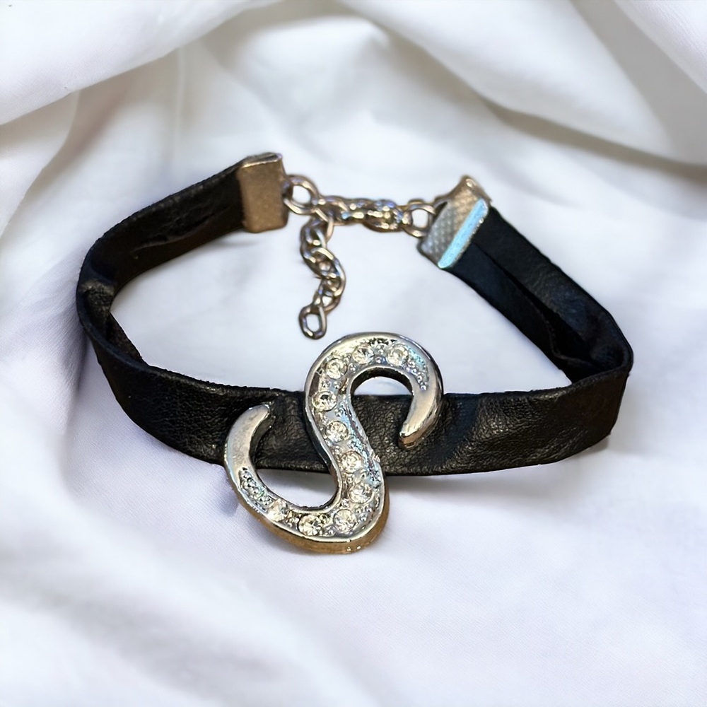 Paved initial S charm leather bracelet
